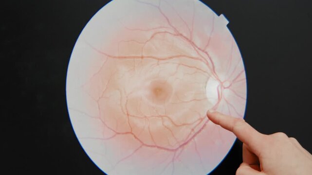 Human hand pointing at printed medical chart of retina eye anatomy during educational session.