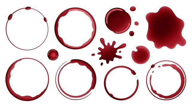 Wine glass stains set. Red circular wine rings and splashes on transparent background. Realistic beverage marks collection for bar or restaurant design, menu decoration. 