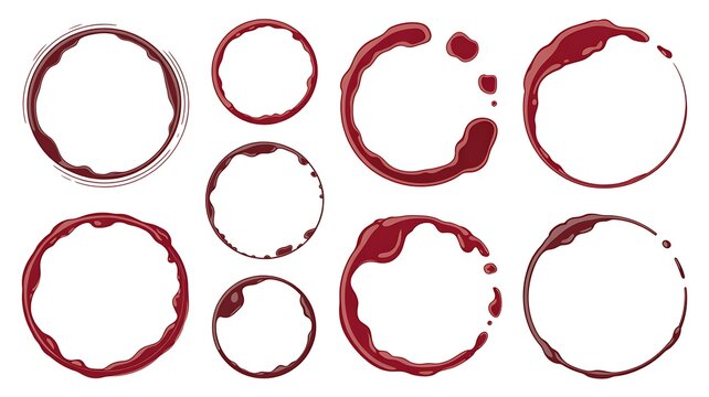Wine glass stains set. Red circular wine rings and splashes on transparent background. Realistic beverage marks collection for bar or restaurant design, menu decoration. 