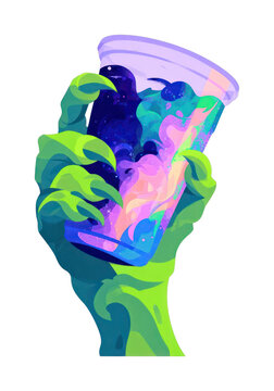 PNG Vibrant alien hand holding cosmic drink illustration.