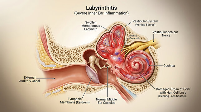 Labyrinthitis with Severe Inner Ear Inflammation Causing Vertigo and Hearing Loss of Human Ear Anatomy Cochlear Involvement Semicircular Canal Inflammation