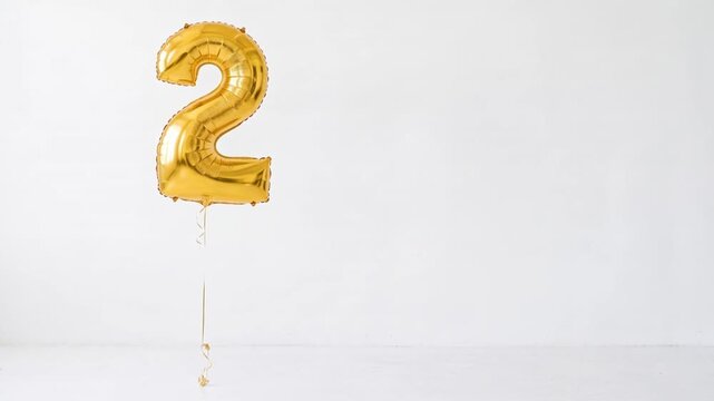 Large gold number two helium balloon floating against a clean white background with generous copy space, ideal for second birthday, anniversary, milestone and celebration concepts.