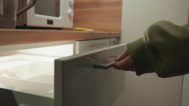 Right hand in green long sleeve pulls open illuminated lower kitchen drawer by metal handle inside modern kitchen interior, revealing lit storage space with smooth sliding motion and shallow low