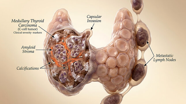 Medullary Thyroid Carcinoma with Malignant C-Cell Tumor of Thyroid Gland Causing Neck Mass of Human Thyroid Anatomy Amyloid Deposition Calcifications Metastasis