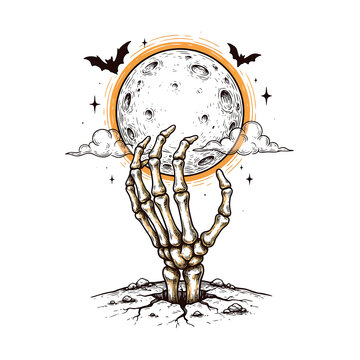 A skeleton hand reaching for a full moon in a vintage halloween scene isolated on a transparent background