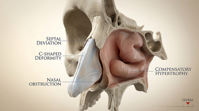 Nasal Septal Deviation with Severe C-Shaped Deformity Causing Unilateral Nasal Obstruction of Human Nasal Anatomy Compensatory Turbinate Hypertrophy