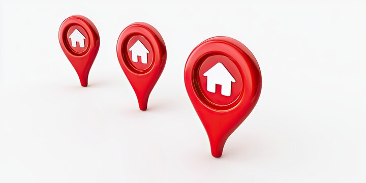Red Map Markers with House Icons on White Background.