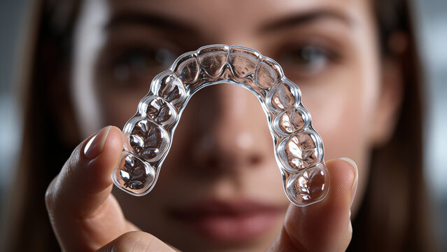 Extreme close-up of a transparent occlusal splint in the hand of a cute young lady. TMJ therapy bruxism and gnathology concept