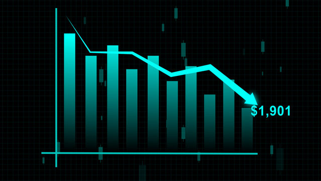 Teal downward trending financial bar chart with dollar sign and numbers on black grid finance