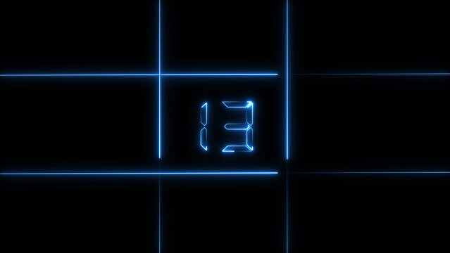 Neon Blue Number 13 with Grid Lines on Black Background thirteen