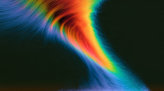 Abstrakte Regenbogenfarben in wellenartigen Linien vor schwarzem Hintergrund, digital, ideal f&uuml;r Websitebanner und Musikvisualisierung.