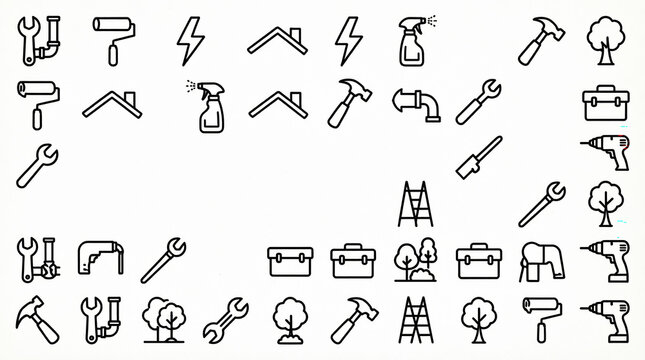 Set of construction and repair tools icons in outline style for web, app, print.