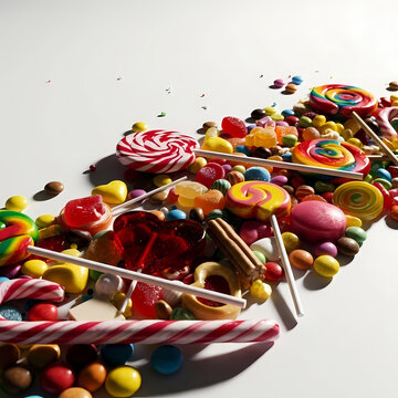 Assorted colorful sweet confectionery treats including round lollipops hard candies and long candy canes arranged playfully to evoke a feeling of childhood nostalgia and celebratory sugar