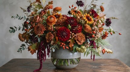 Fototapeta premium Luxurious floral arrangement in a muted ceramic vase with a soft natural light