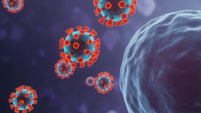 3D medical animation showing hantavirus particles approaching a host cell membrane, ideal for virology education, healthcare presentations, biotechnology websites, and scientific media.