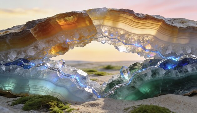 Breathtaking Geological Cross-Section with Translucent Mineral Layers and Glowing Crystal Veins at Dawn