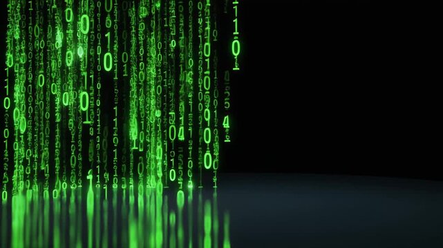 Digital Data Streams Featuring Glowing Green Binary Code Falling Against a Dark Background for Technology Concepts