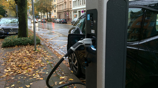 Elektroauto l&auml;dt an Lades&auml;ule auf Stra&szlig;e im Herbstregen, realistischer Stil f&uuml;r Mobilit&auml;ts- und Umweltwerbung.