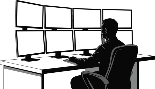 A black silhouette of a person sitting at a desk in front of a large multi-screen computer setup with six monitors, isolated on a white background