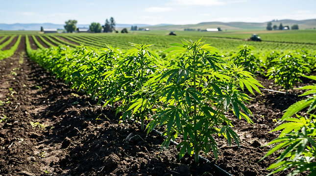 Row of young cannabis plants growing in a cultivated agricultural field under bright daylight