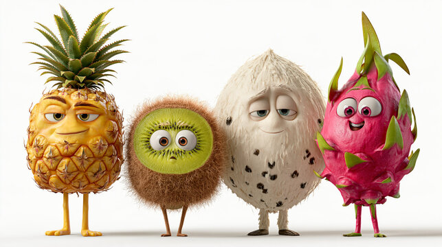 Fr&ouml;hliche Cartoonfiguren aus Ananas, Kiwi, Kokosnuss und Drachenfrucht vor wei&szlig;em Hintergrund, bunte Illustration f&uuml;r Kinderprodukte und Verpackungsdesign.