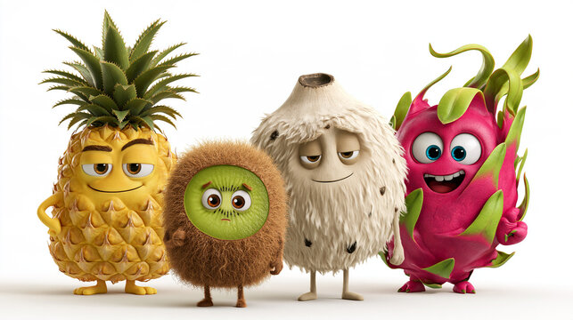 Fr&ouml;hliche Cartoonfiguren aus Ananas, Kiwi, Kokosnuss und Drachenfrucht vor wei&szlig;em Hintergrund, bunte Illustration f&uuml;r Kinderprodukte und Verpackungsdesign.