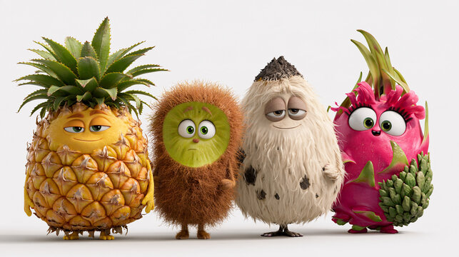 Fr&ouml;hliche Cartoonfiguren aus Ananas, Kiwi, Kokosnuss und Drachenfrucht vor wei&szlig;em Hintergrund, bunte Illustration f&uuml;r Kinderprodukte und Verpackungsdesign.