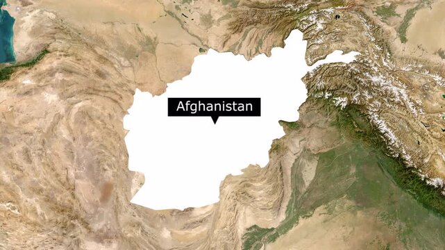 Satellite map of Afghanistan with clouds moving, growing white ink animation of the territory, pinned country name, a green outline indicating the border. Concept for broadcast, social media.