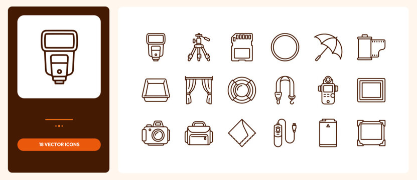 Set of photography equipment line icons for professional camera gear and studio accessories.