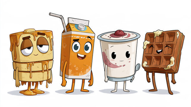 Cartoongruppe aus Pfannkuchen, Saftkarton, Joghurtbecher und Waffel mit Gesichtern vor wei&szlig;em Hintergrund, bunte Illustration f&uuml;r Fr&uuml;hst&uuml;ckswerbung.