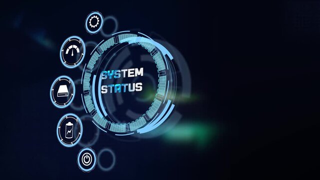 A modern cyber system status dashboard screen visualizing server operational health and interactive tech research graphics