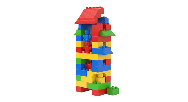 Tall, colorful building block creation reaching upwards, symbolizing childhood creativity, engineering, and imaginative play on a white background