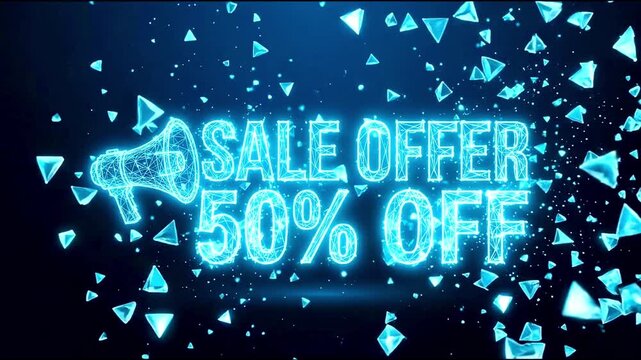 Futuristic Neon Blue 50% Off Sale Offer Motion Graphic Animation Featuring Wireframe Megaphone and Shop Now Button