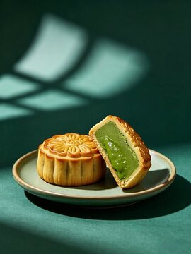 Authentic mooncake and cut piece with green filling on plate