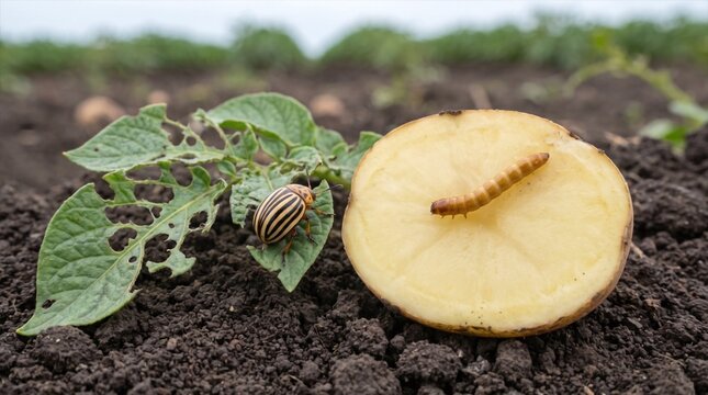 A Colorado potato beetle and a wireworm larva damaging a potato plant and crop in a field.