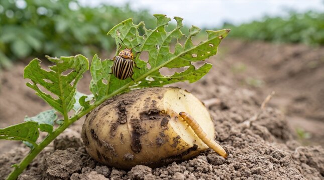 A Colorado potato beetle and a wireworm larva damaging a potato plant and crop in a field.