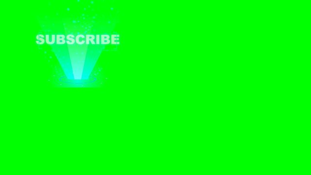 Futuristic circular hologram projector displaying a SUBSCRIBE text with scan lines, volumetric lighting, and glowing particles on a greenscreen background.