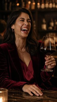 Beautiful brunette woman laughs joyfully at a bar, holding a large glass of rich red wine. Dressed elegantly in a burgundy velvet blazer and matching satin top, she glows under warm, dim lighting