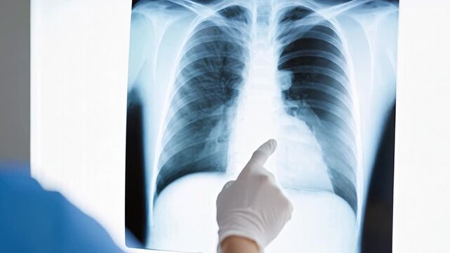 Doctor gloved hand points to a chest X-ray film mounted on illuminator panel. The scan details human rib cage, lungs and spine. A medical practitioner analyzes the radiograph, clinical diagnostic care