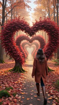 Follow your heart concept. A lone person lost in the autumn forest, found the way out of the woods, as walks a path through the heart shaped trees. Surreal and magic scene, red fall colors