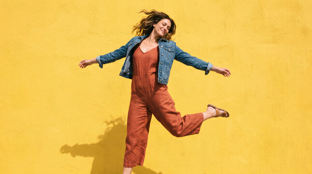 Happy woman jumping in denim jacket and rust jumpsuit against yellow wall for freedom and joyful lifestyle concept