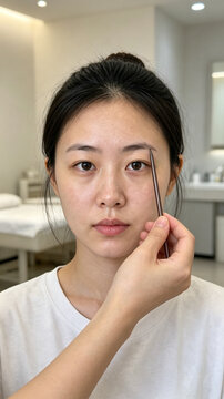 Permanent makeup artist designing eyebrows for a seated female client in a beauty studio