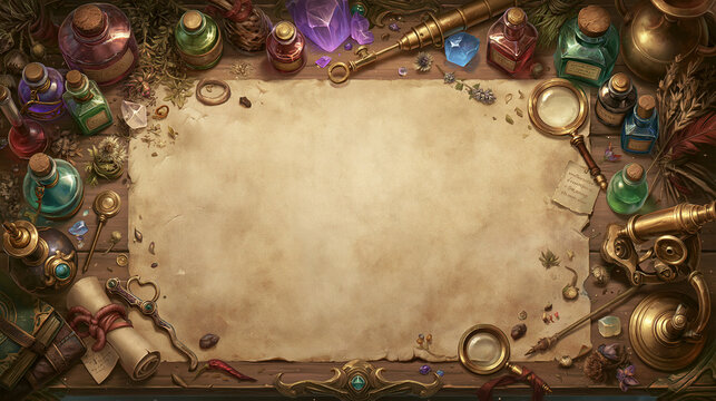 Enchanting vintage workspace with potions and magical artifacts.