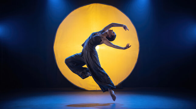 Female dancer leaping in dramatic pose before glowing golden circle on dark stage for contemporary dance performance