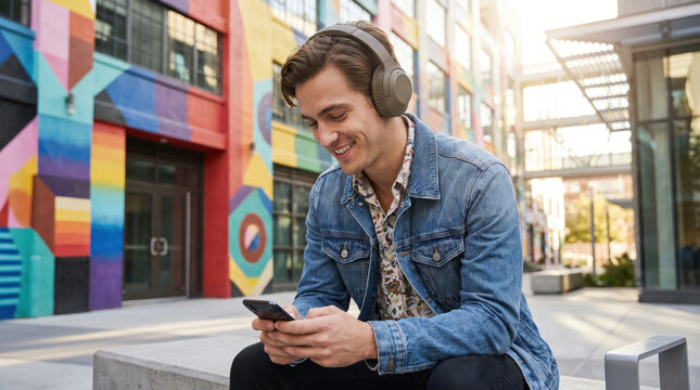 Young man in denim jacket using smartphone with headphones outside colorful modern building for connected lifestyle