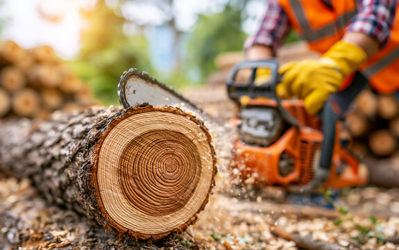 Lumberjack cutting tree log with chainsaw outdoors