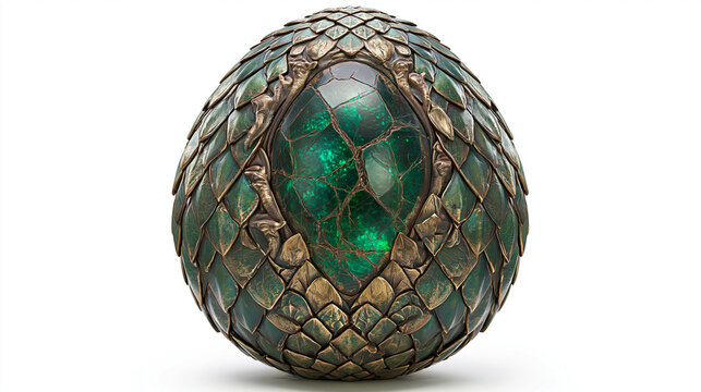 Intricately designed emerald dragon egg with textured scales and a mystical aura.