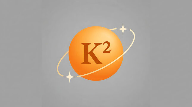 Orange sphere with letter k squared and orbiting rings on grey background