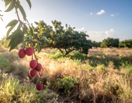 Lychee clusters on branch overlooking sunny rural landscape.