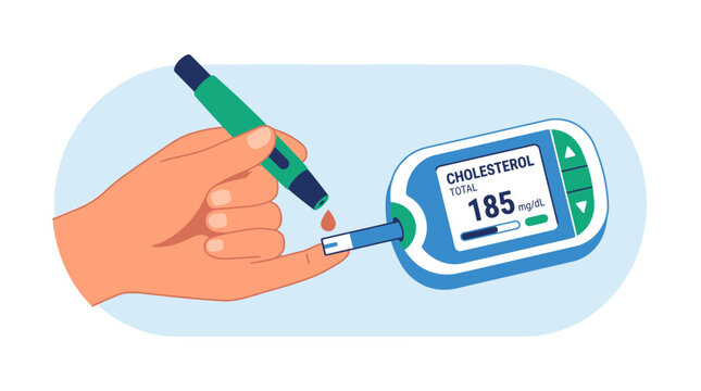 Hand performing cholesterol test with glucose meter isolated on transparent background